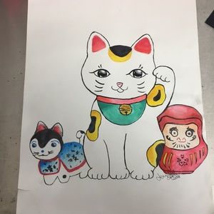 Watercolor art of lucky cat